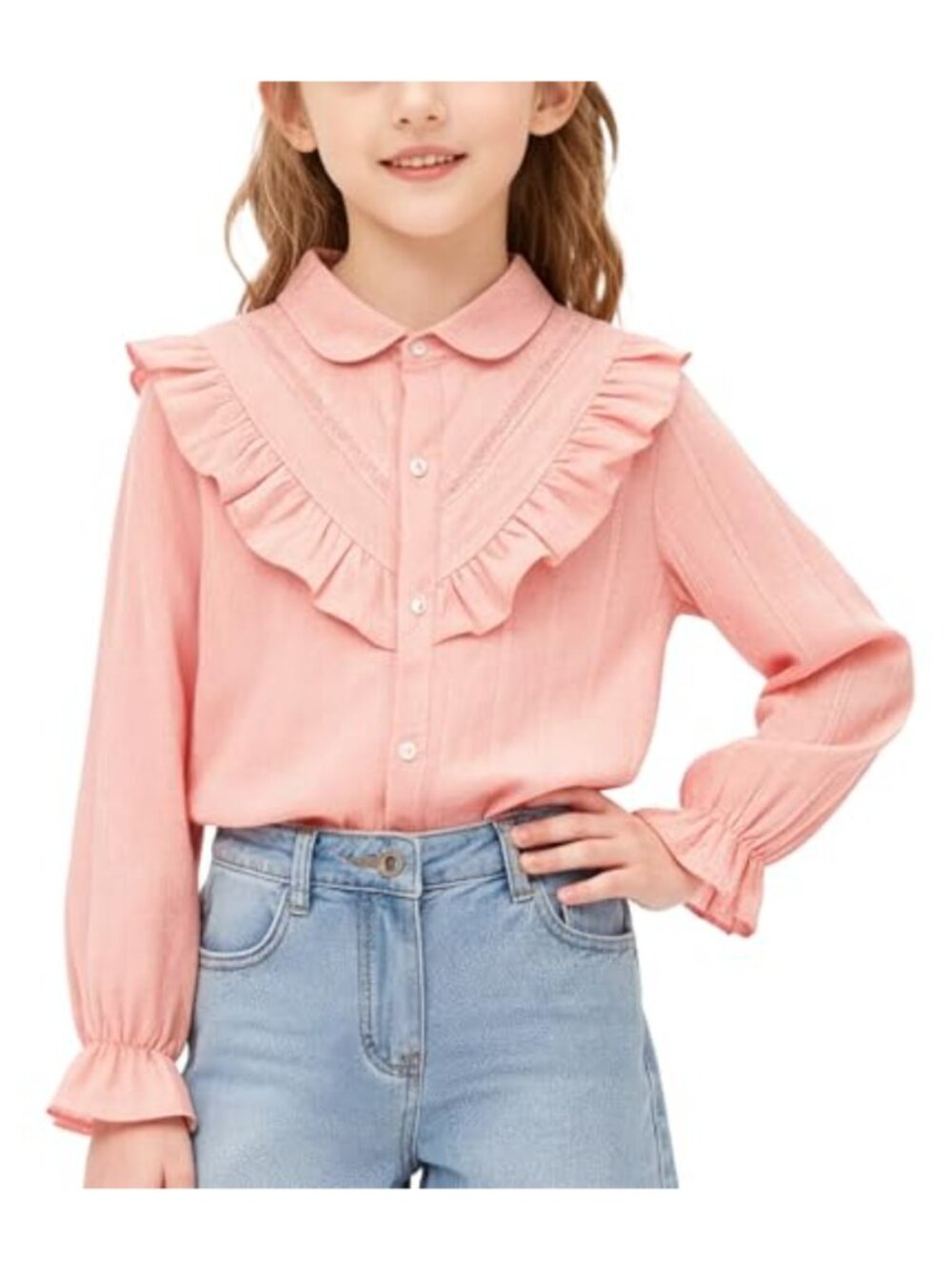 Girls Cotton Long Sleeve Button Up Blouse with Puff Sleeves and Frill Detail